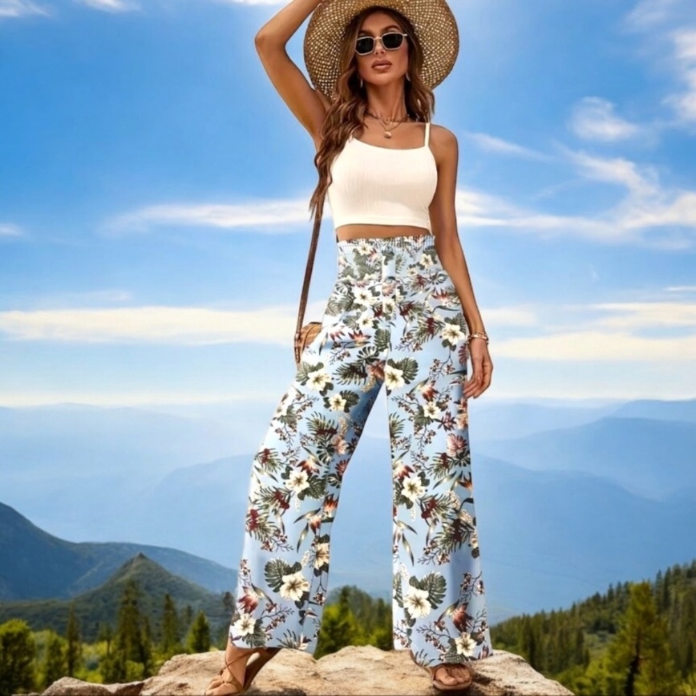 New Tropical Floral Print Wide Leg High Rise Waist Pants Loose Button Shirred